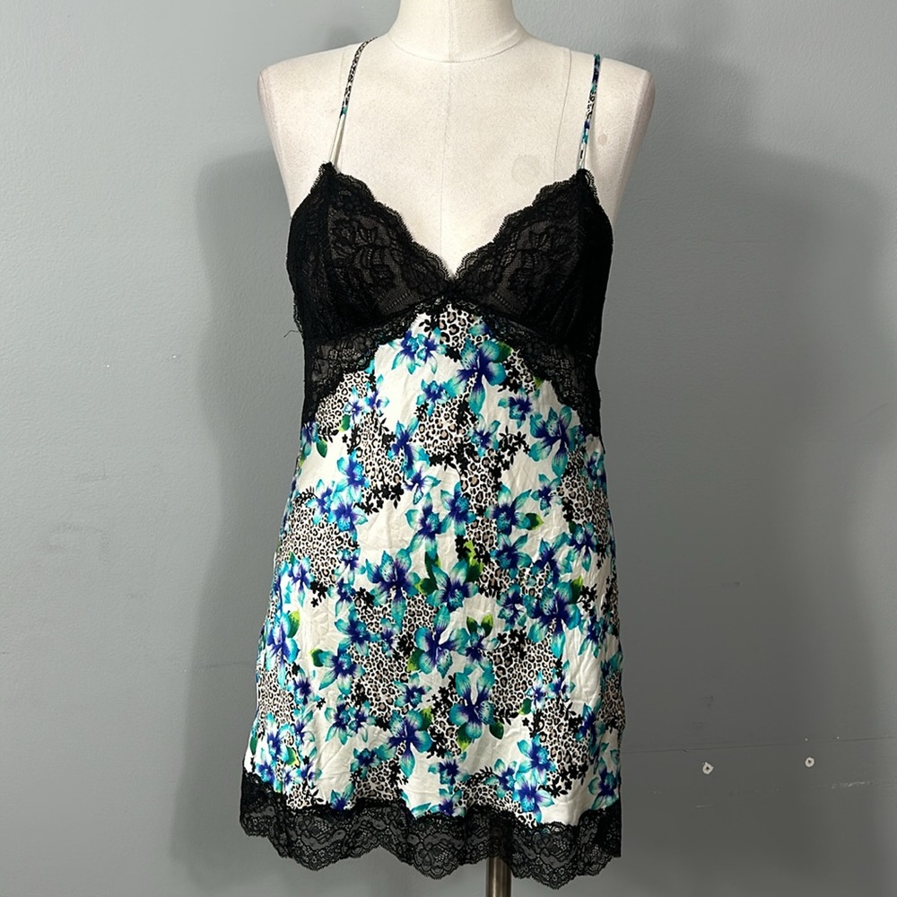 Victoria’s Secret silk leopard floral nightie  lace chest and hem open back S